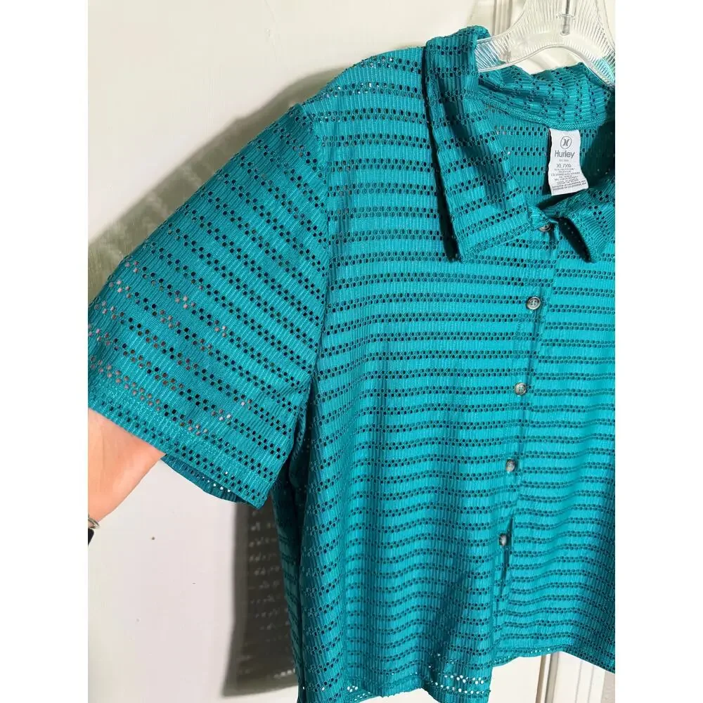 Hurley Teal 2 Piece Set Wide Leg Pants Button Shirt Crochet Open Knit - XL